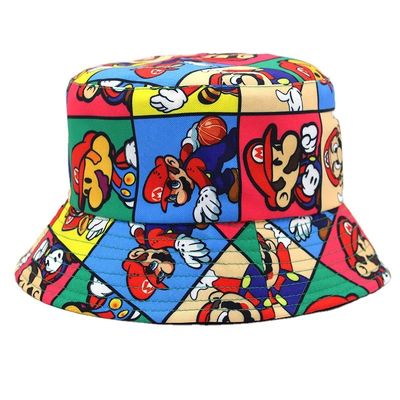 Super Mario Fisherman Hat Children\'s Anime Peripheral Mario Bros Cartoon Fashion Print Double-sided Sunshade Hat Birthday Gift