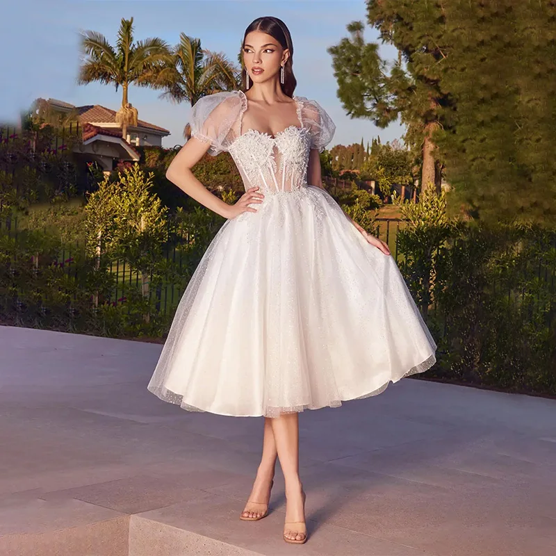 

Graceful Sweetheart Neck A-Line Shiny Evening Dresses Short Puff Sleeves Lace Appliques Glitter Prom Dresses Vestidos De Noiva