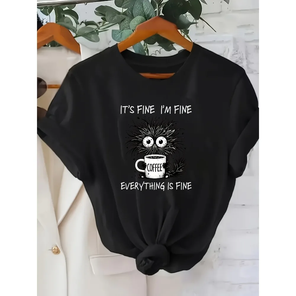 Women's Summer Elegant Casual Top T-Shirt  I'm Fine Slogan Cat Print Round Neck Short Sleeve Playful Design Kawaii Y2K Clothing