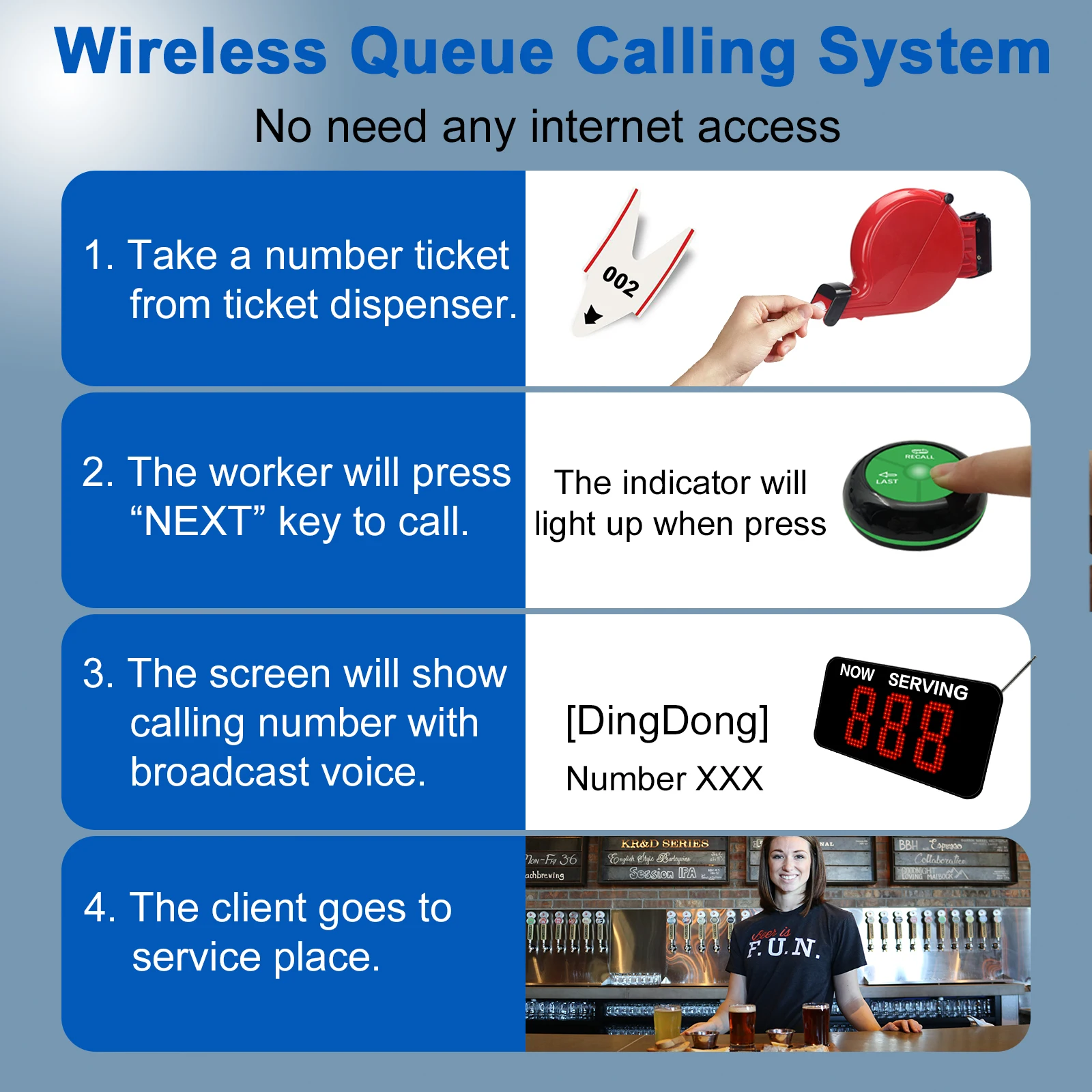 Ycall Wireless Take A Ticket Number Machine Queue Management Service System 3 Digit Monitor with 2 Next Button Wait Call Device