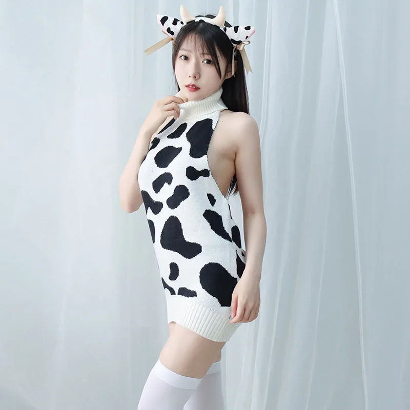 Sexy Lingerie Anime costumi Cosplay mucca ragazza uniforme maglione vestito con stampa mucca vestito Halloween Night Club abbigliamento esotico donne