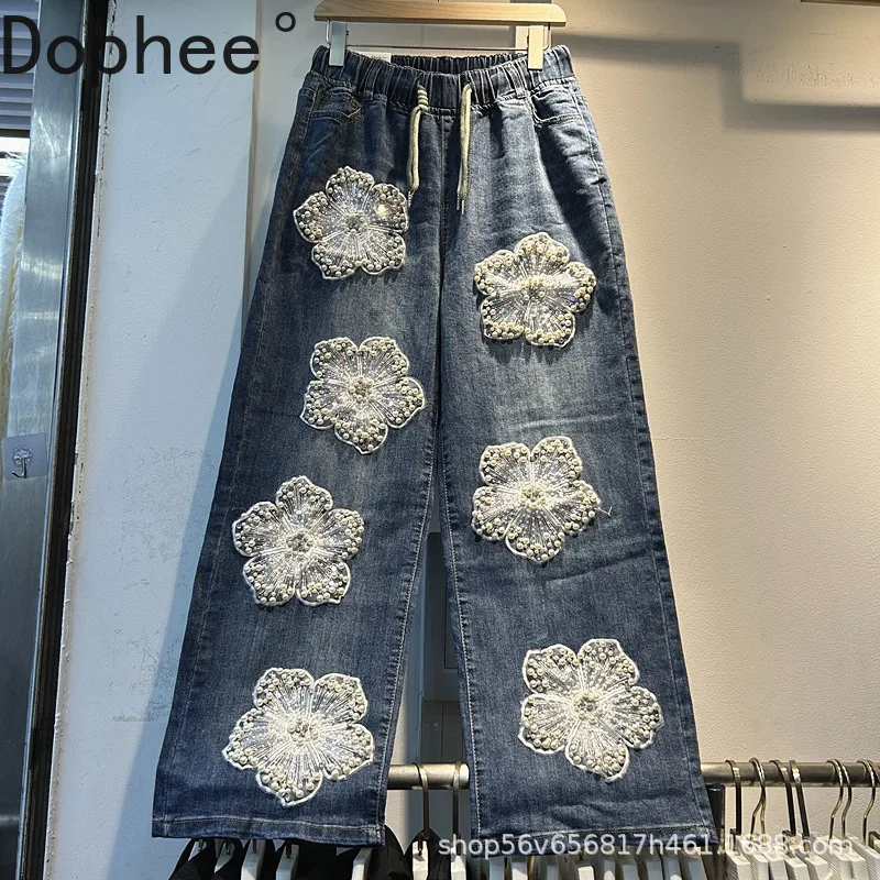 

Three-dimensional Flowers Beading Wide Leg Jeans for Women Trendy All-match Elastic Waist Mopping Floor Casual Denim Pants 2025
