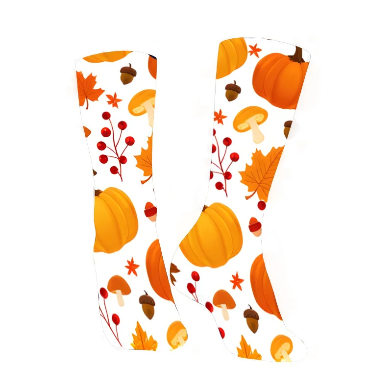زوج واحد من جوارب منتصف الساق ذات طابع الخريف باللون البرتقالي الدافئ والأحمر والأصفر والأخضر والبني والأسود والأبيض ونعل مبطن غير قابل للانزلاق #3
