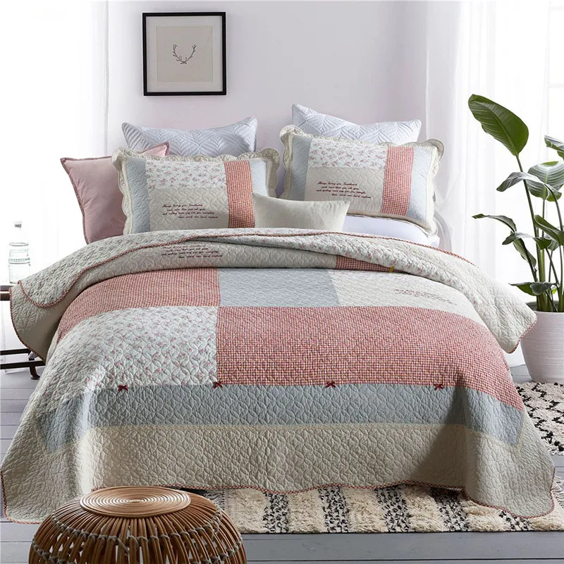 Pastoral Cotton Quilt Set 3PCS Quilting Bedspread Plaid Quilted Blanket Patchwork Coverlet Queen Size Cubrecam Bed Cover Colchas