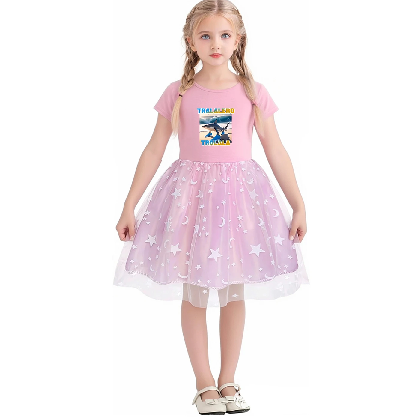 Tung Tung Tung Sahur Clothes Kids Tralalero Tralala Funny Shark Meme Dress Baby Girls Summer Short Sleeve Lace Princess Vestidos