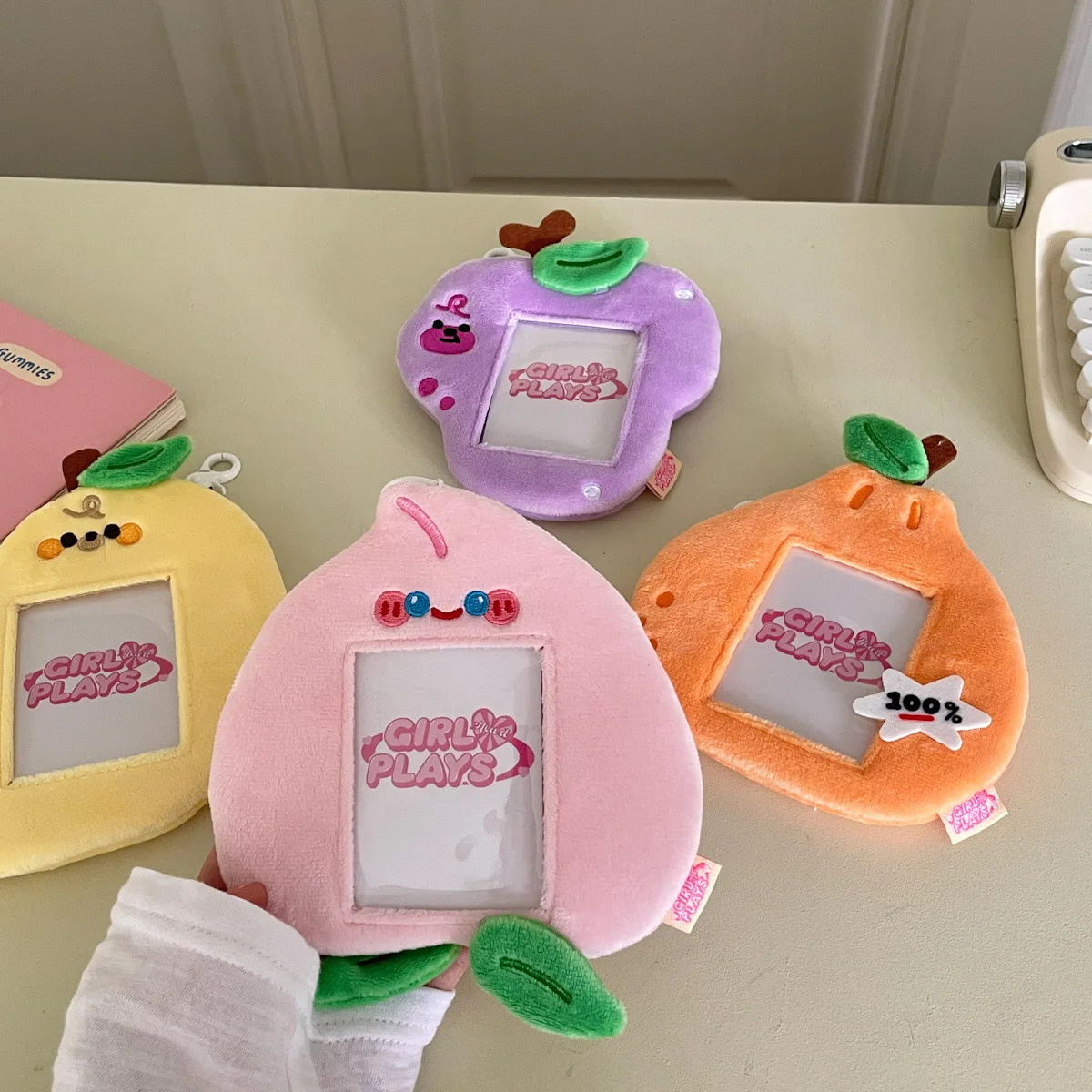 Kawaii Cartoon Fruit Series Soft Plush 3 Inch Kpop Photocard Holder Photo Card Holder Bag Pendant School Stationery