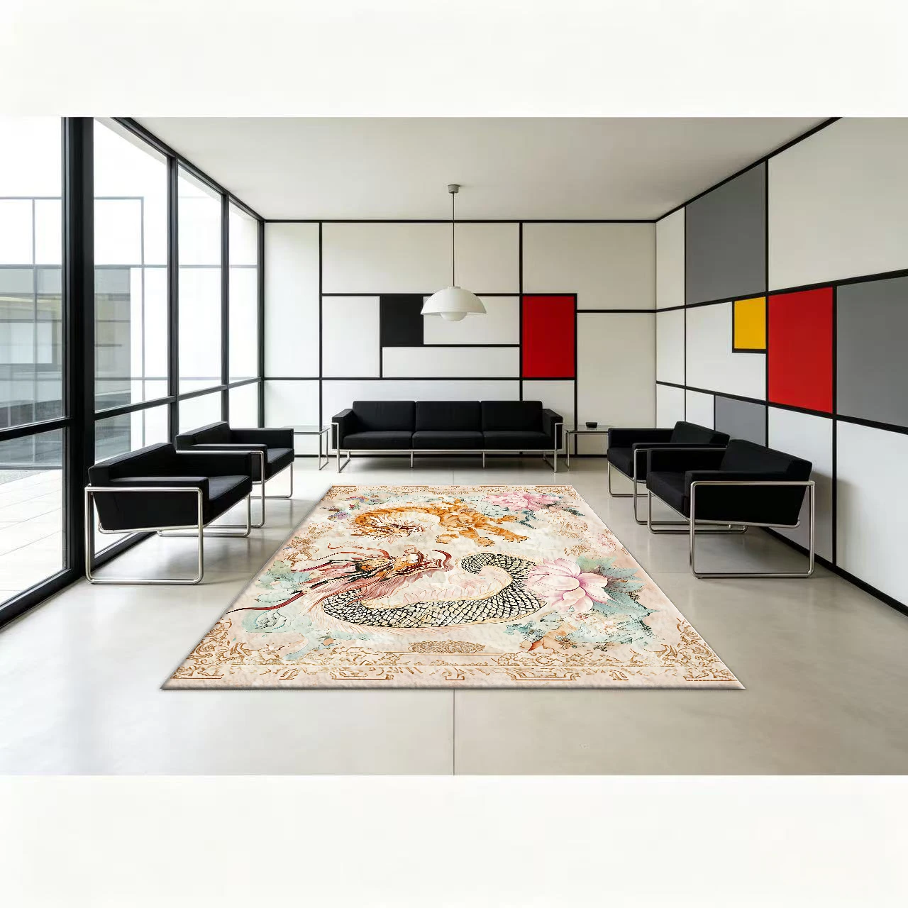 Oriental Dragon and Tiger Lotus Carpet Traditional Chinese Vintage Art Home Decor Floor Carpet