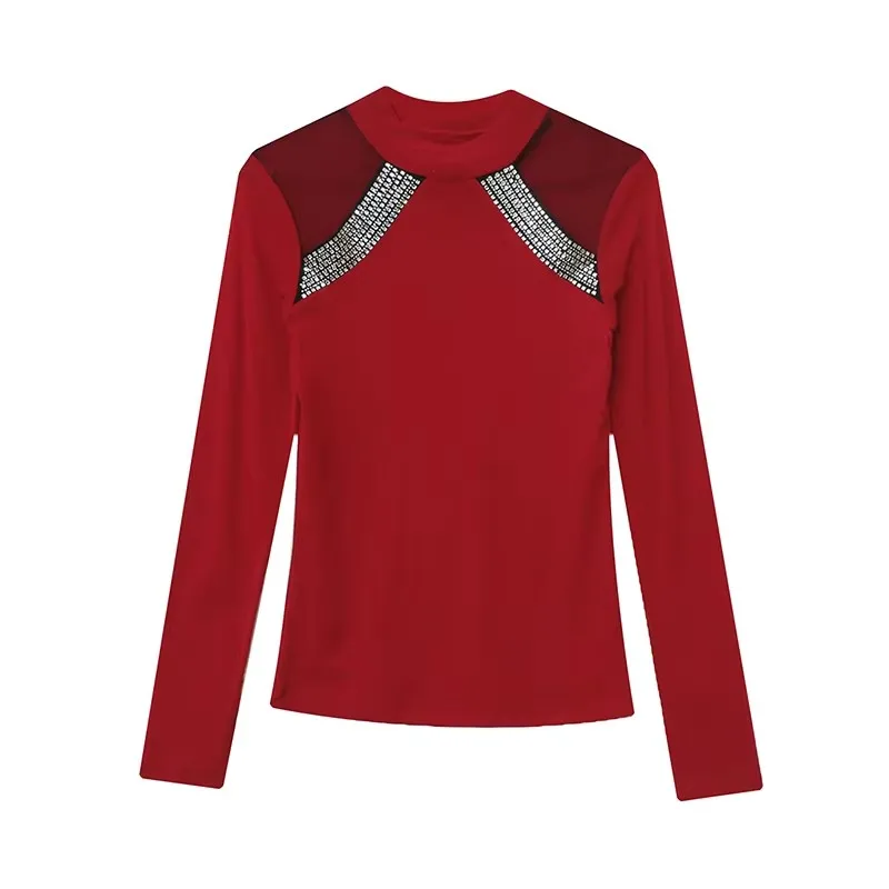 Neue Mode Europäischen Frauen T-Shirt Kleidung Chic Sexy Off Schulter Oansatz Heißer Diamanten Tops Herbst Süße Weibliche Dünne Mesh Tees