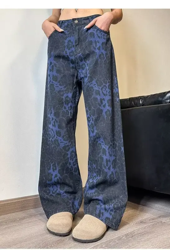 Loose Wide Leg Leopard Graphic Jeans Male Classic American Vintage Denim Pants Youth Popular Daily Streetwear Denim Trousers
