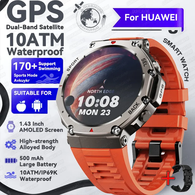 GUHUAVMI 2025 neue Militär-GPS-Smartwatch für Männer, 1,43 Zoll AMOLED-Bildschirm, IP69K, wasserdichter Kompass, 170 + Sportgesundheitsanruf, Smart-Armband 4