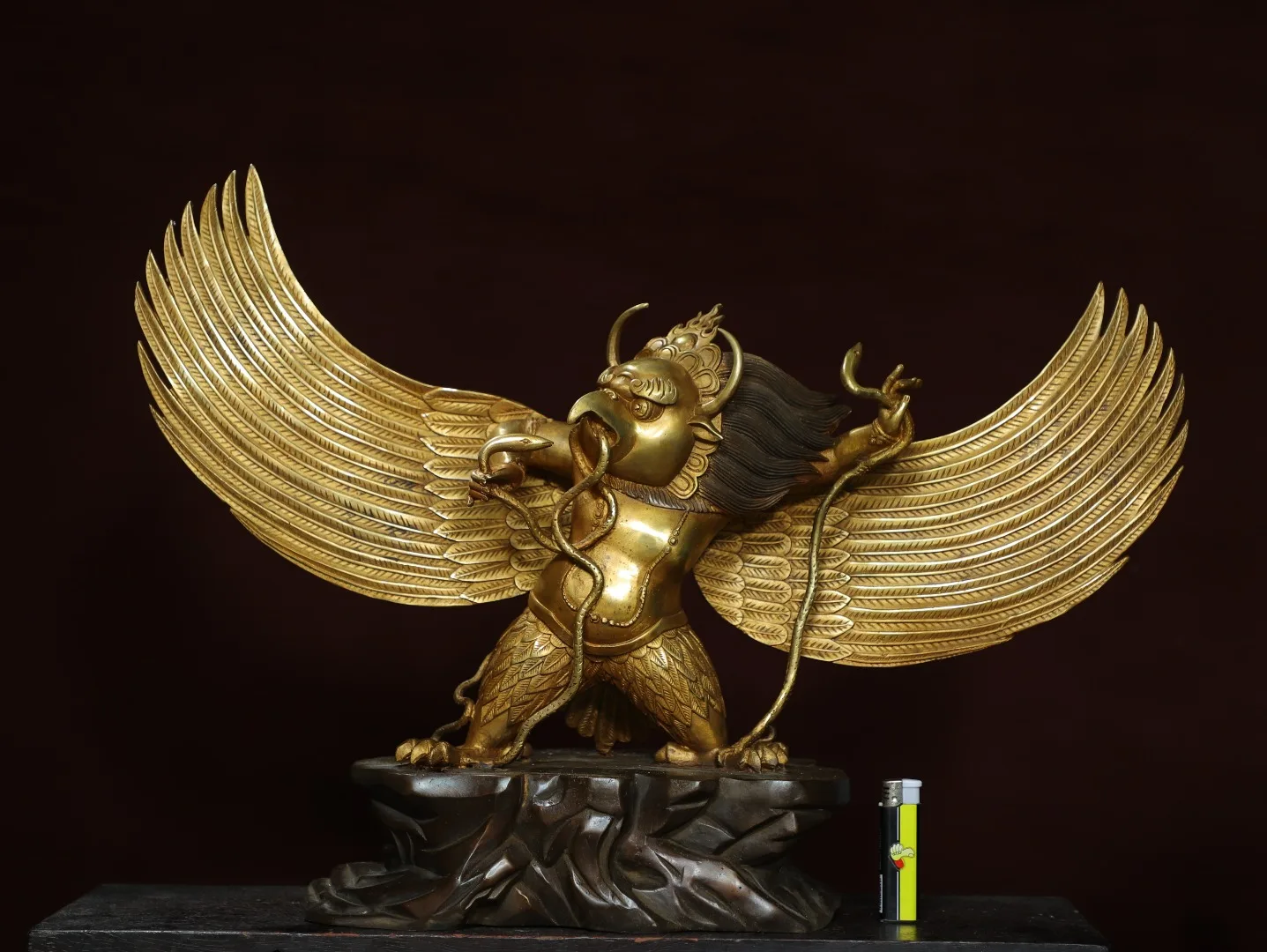 

24"Tibetan Temple Collection Old Bronze Gilded Cinnabar GARUDA Buddha Garuda Dhwaja Protector Buddha Worship Hall Town house