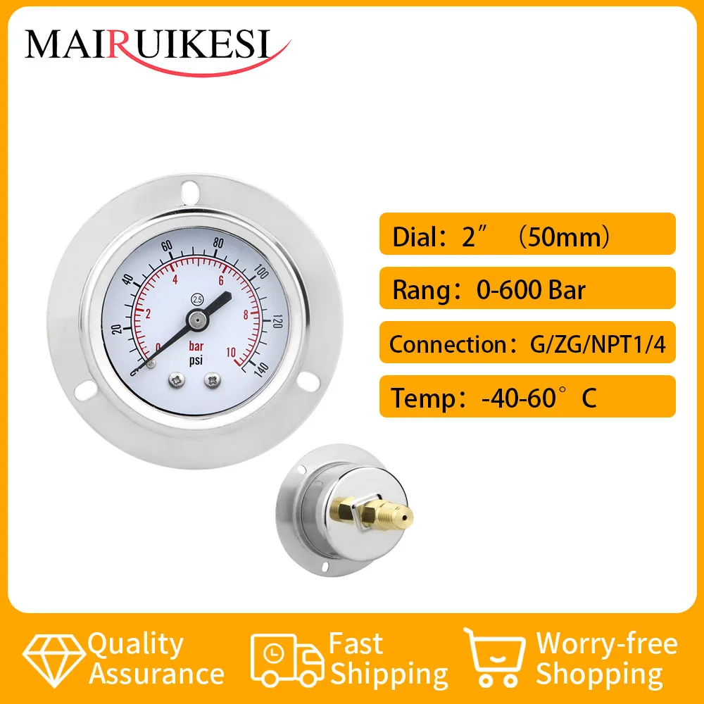 

MAIRUIKESI Pressure Gauge 50mm -1-0-600bar Back Connection With Flange Stainless Steel Case for water gas manometer