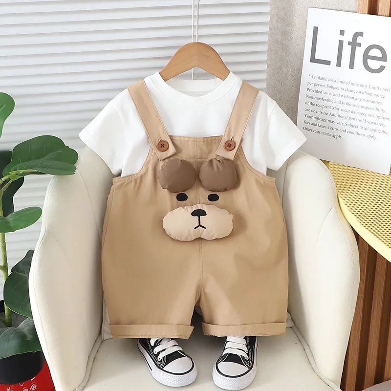 Kids Summer Sets 2024 Baby Boy Clothes 9 To 12 Months Solid Color Short Sleeve T-shirts and Cartoon Overalls Children\'s Clothing