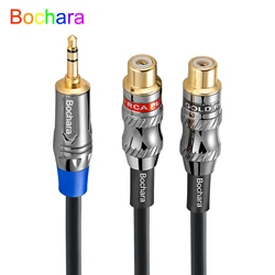 Bochara 1/8'' TRS 3.5mm Stereo to 2RCA Female OFC Audio Cable OD6mm Foil+Braided Shielded Gold Plated Zinc alloy