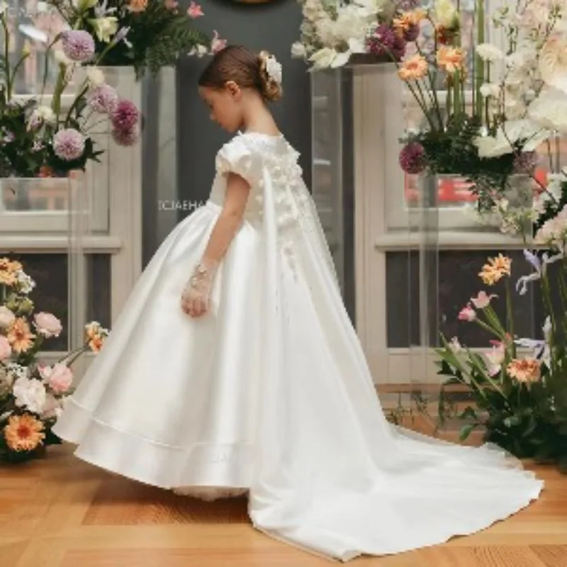 White Children Girls Princess Party Dress with Long Train Flower Girl Wedding Gown Host Piano Performance Kids Birthday Pageant