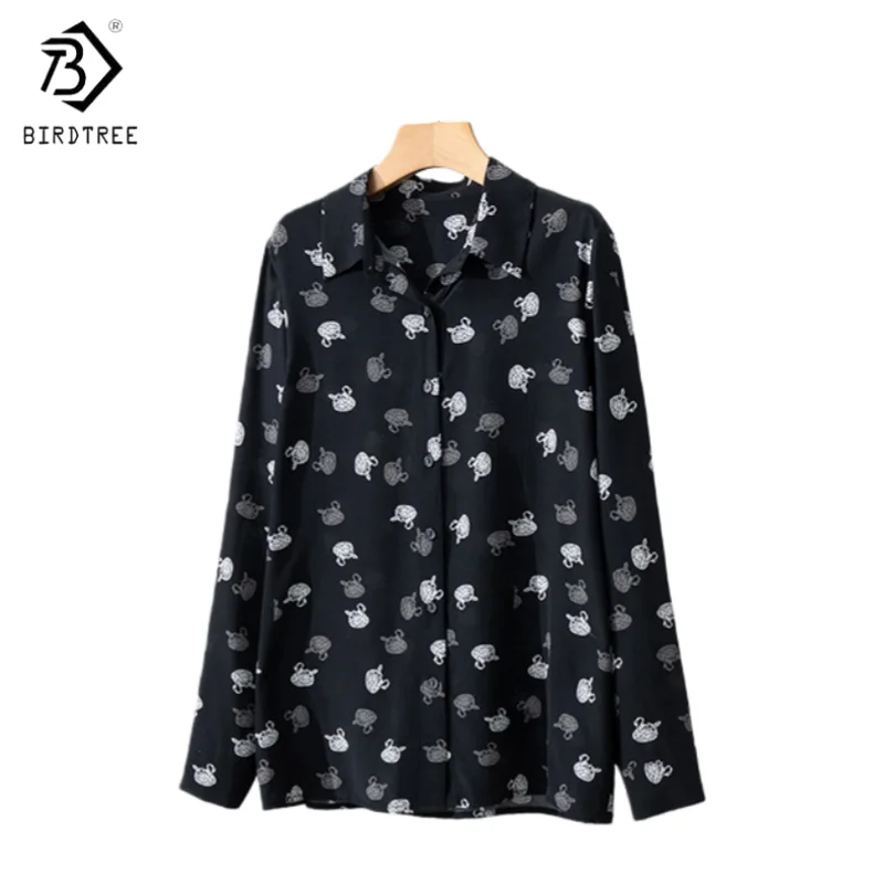 

Birdtree,100% Silk Print Blouse,Women's Double Crepe Single Breasted Lapel Tops,Full Sleeve Shirt,2025 New T5D626JF