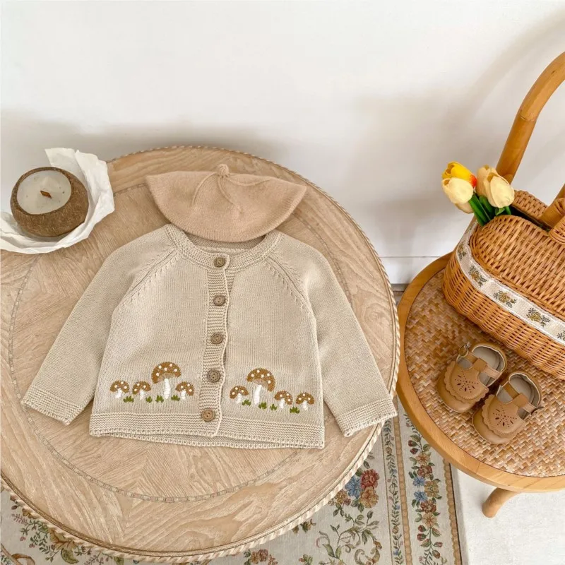 

Newborn Baby Girl Cotton Mushroom Embroidery Knitted Cardigan Infant Toddler Long Sleeve Casual Sweater Coat Baby Clothes 3M-2T