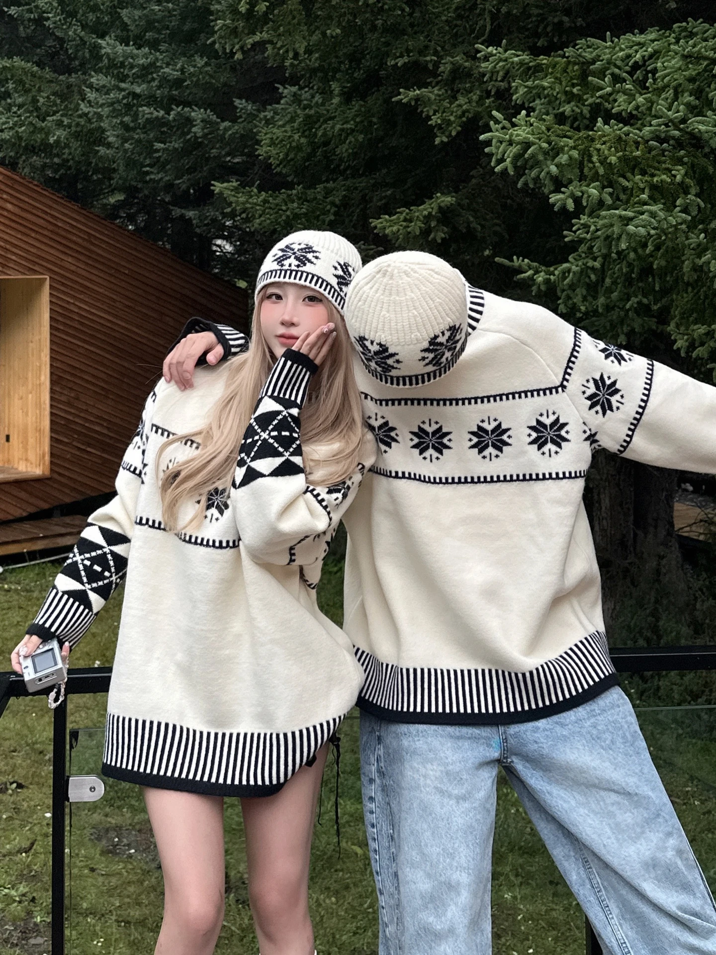 

Свободный вязаный свитер для пары в скандинавском стиле Cisas с узором снежинки, оверсайз, теплая, уютная, зимняя модная уличная одежда