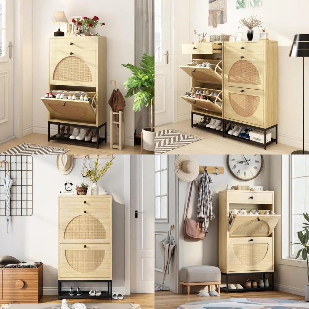 خزانة تخزين أحذية الروطان الطبيعي مع أدراج قابلة للطي، تصميم نحيف لمدخل المدخل، منظم أحذية قائم بذاته