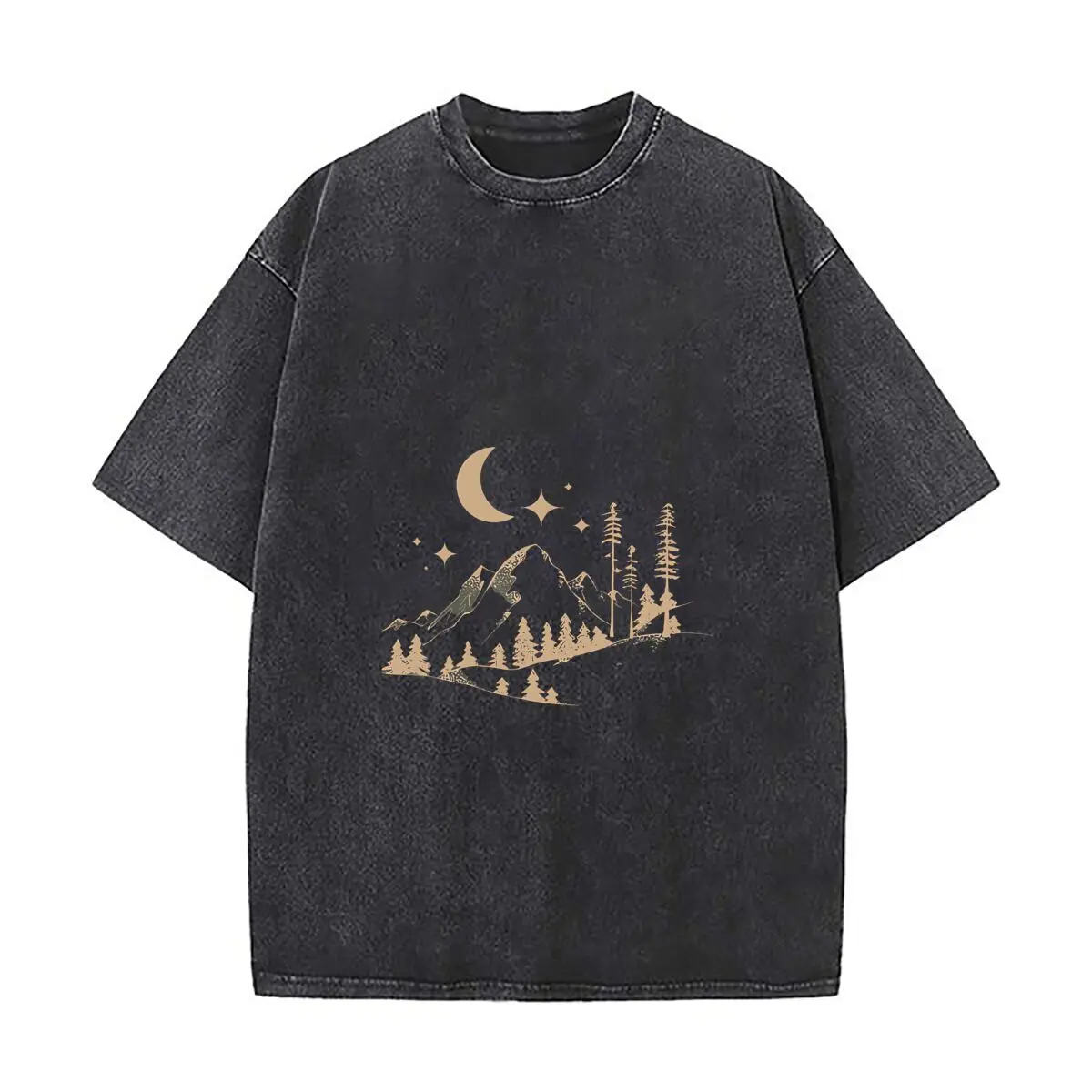 Mountain Forest Moon Star Night Landscape Wall Art Washed Distressed Loose Streetwear Tops for City Walks