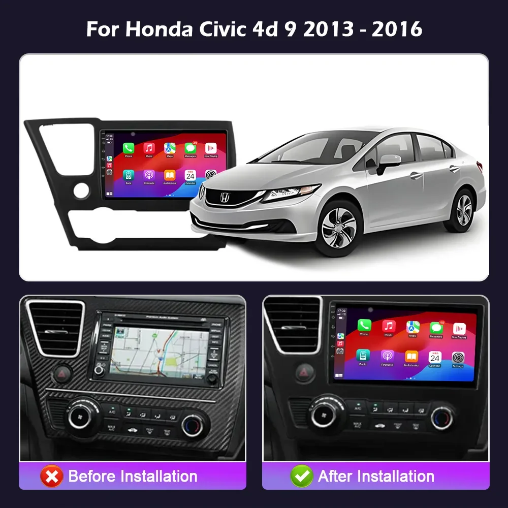 راديو السيارة لهوندا سيفيك 4d 9 2013-2016 الملاحة اللاسلكية CarPlay أندرويد 14 الوسائط المتعددة 4G نظام تحديد المواقع اللمس رئيس وحدة شاشة ستيريو