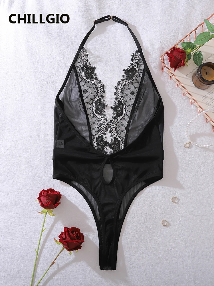 

CHILLGIO Women Sexy Floral Lace Rompers Lingerie Fashion Elastic Erotic One Piece Combination Onesie Halter Backless Bodysuits
