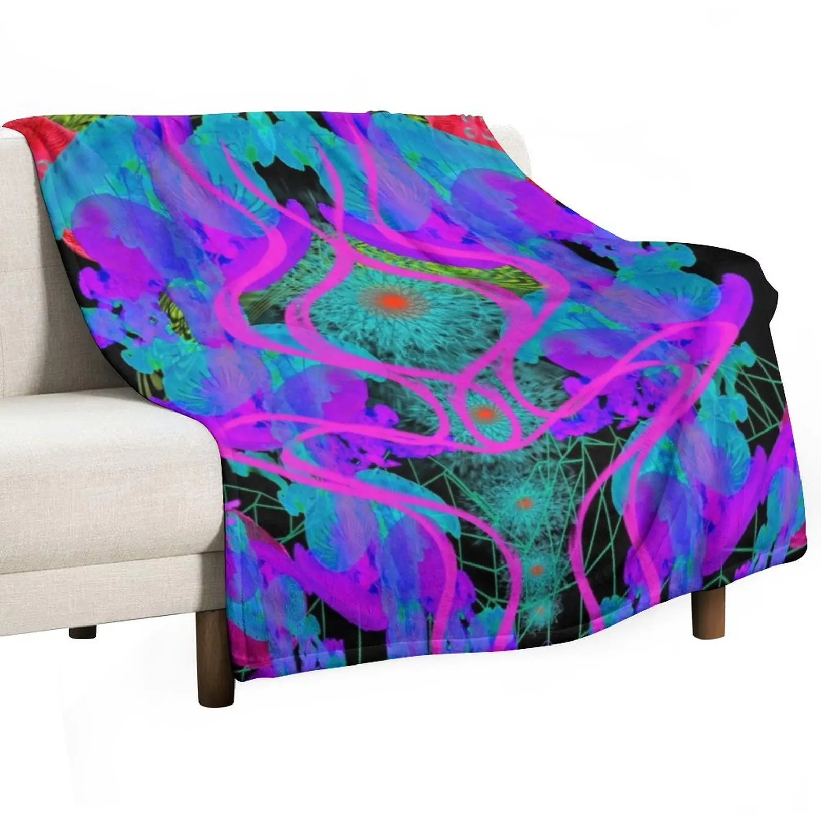 Jellyfish Warp (Psychedelic Blacklight UV Ultraviolet) Throw Blanket Nap Large Sofa Retros Blankets