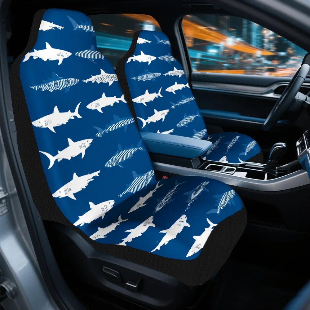 Set Of 2, Shark Shapes On Blue Designed Universal Car Seat Covers For Most Vehicles – High-Quality, Stylish Car Seat Protection