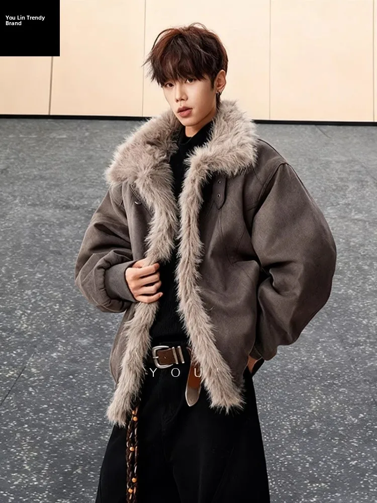 

Cé Brown Fur Collar Mountain Eagle Jaet Men's ort Thiened Suede Mink Velvet Cotton Coat Youth Faion Winter Outerwear
