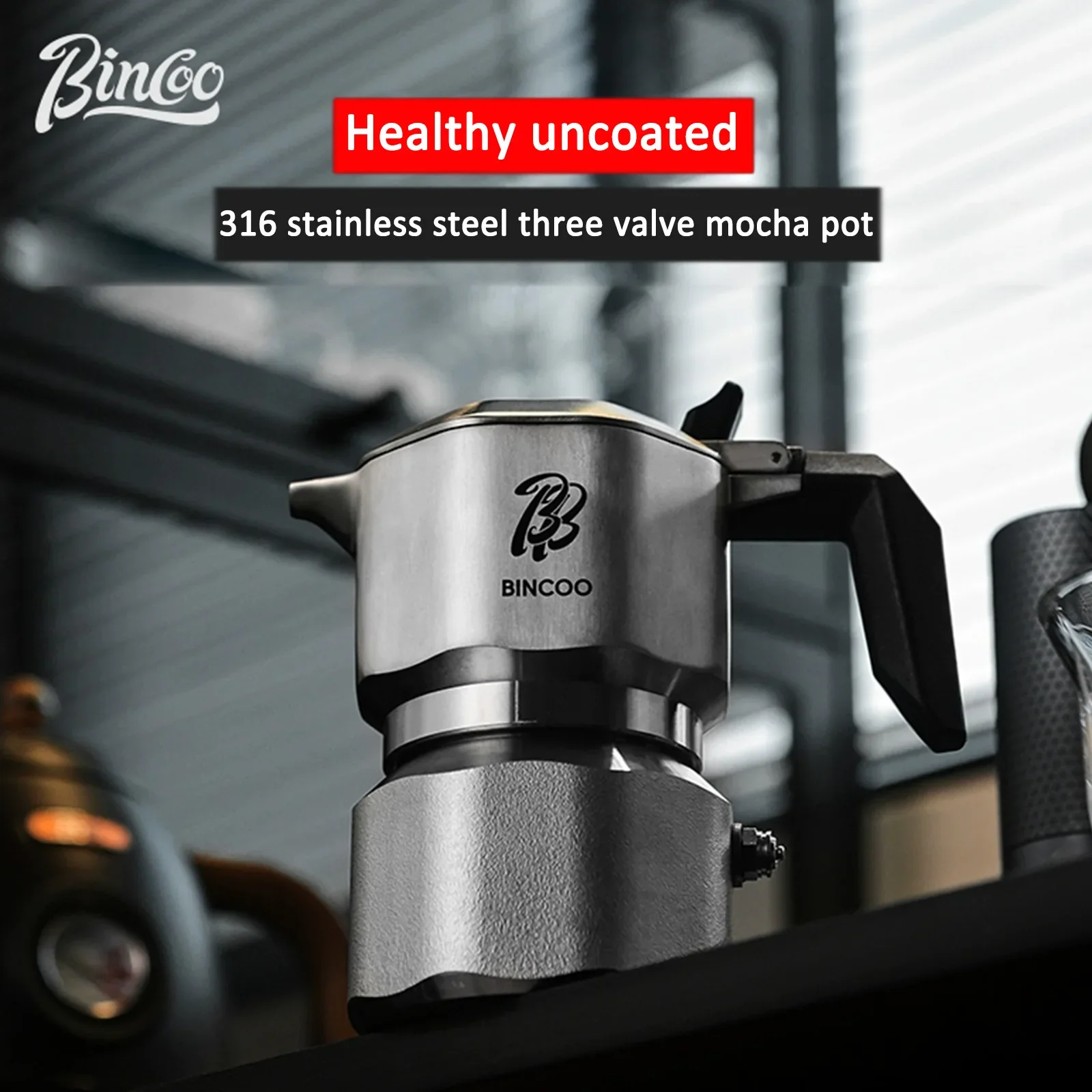 Bincoo Three Valve Moka Pot, 316 Stainless Steel Espresso Maker with 220V Electric Ceramic Heating Base, Italian Stovetop Coffee
