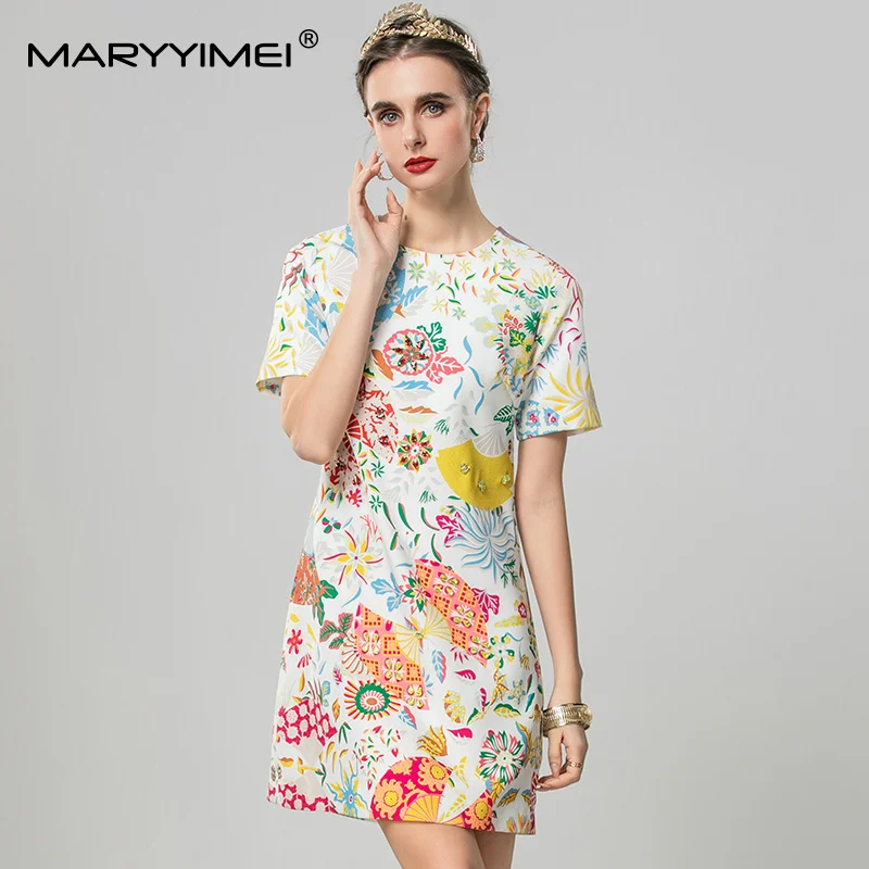 

MARYYIMEI Floral-Print Short Sleeve Mini Dress For Women Crystal Beading Elegant Short Dresses Loose A Line Dresses