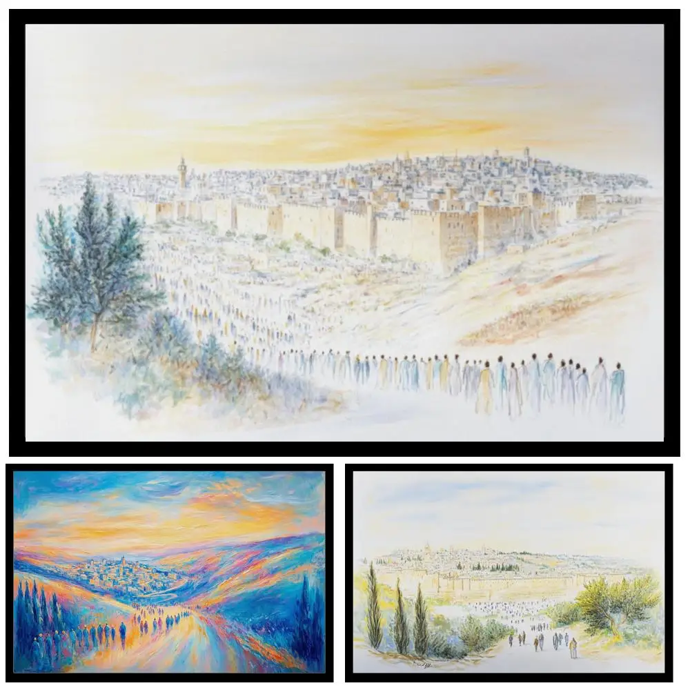 Jewish Canvas Prints HD Watercolor Style Jerusalem Pilgrimage Wall Art Oversized Israel Decor for Modern Living Room Home Office
