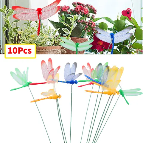 10PCS 시뮬레이션 잠자리 말뚝 방수 PVC 꽃 냄비 침대 야외 정원 인공 잠자리 장식 마당 예술 무작위 색상