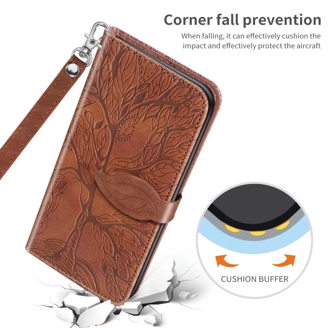 Embossed Tree Leather Phone Wallet Case Book For Samsung Galaxy S25 Edge S24 Ultra S23 S22 S21 S20 FE S10 S9 S8 Plus Flip Cover