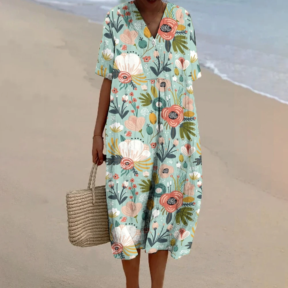 

Women's Print Flowy Dress Pink Flower Print Dreeses Womens Beach Out Wear With Vivid Blooms Causal Versatile Vacation Robes