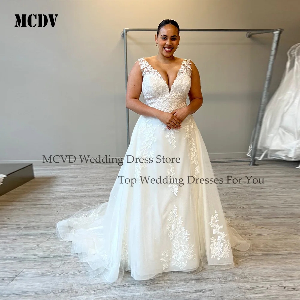 

MCDV Customized Plus Size Glitter Wedding Dresses Bridal Backless Applique Lace A-Line vestido de novia boda civil Sweep Train