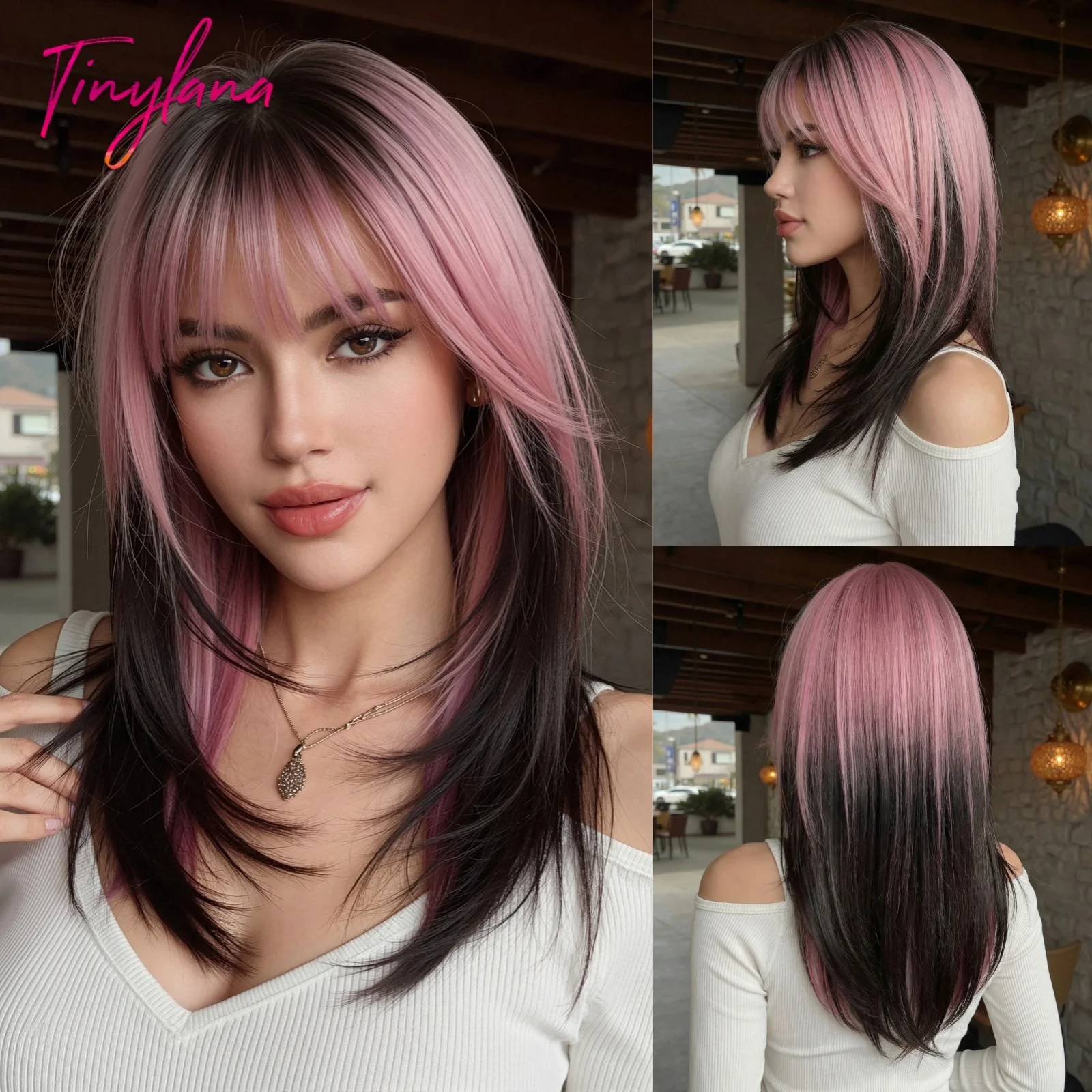 

Long Straight Pink to Black Wig with Full Bangs for Women Synthetic Hair Heat Resistant Fiber Realistic Daily Wear Cosplay Party