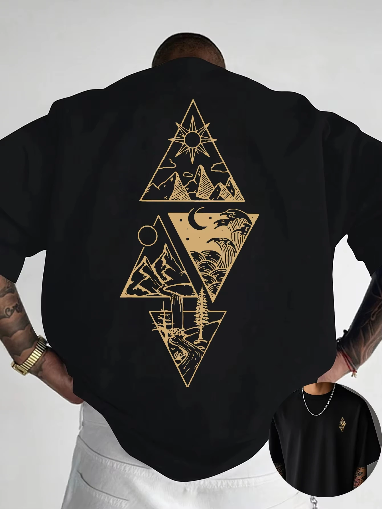 Unisex Nature Mountain Ocean Back Print T‑shirt Geometric Triangle Landscape Graphic Casual Crew Neck Streetwear Tee