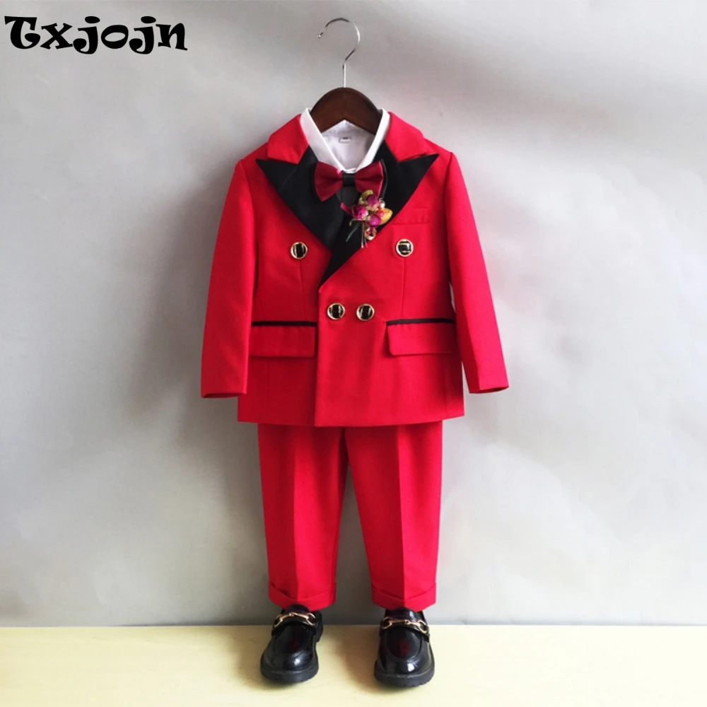 

Red Christmas Boys Suit Set 3 Pieces Jacket Pants Bow-tie Fashionable Double Breasted Kids Tuxedo Birthday Party Outfit