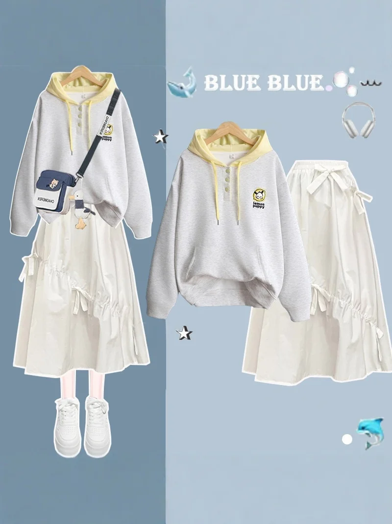 

Spring Autumn Small Contrast Color Hoodie Skirt Set Girl's Bow Half Skirt Two Piece Set Casual Wear School Style