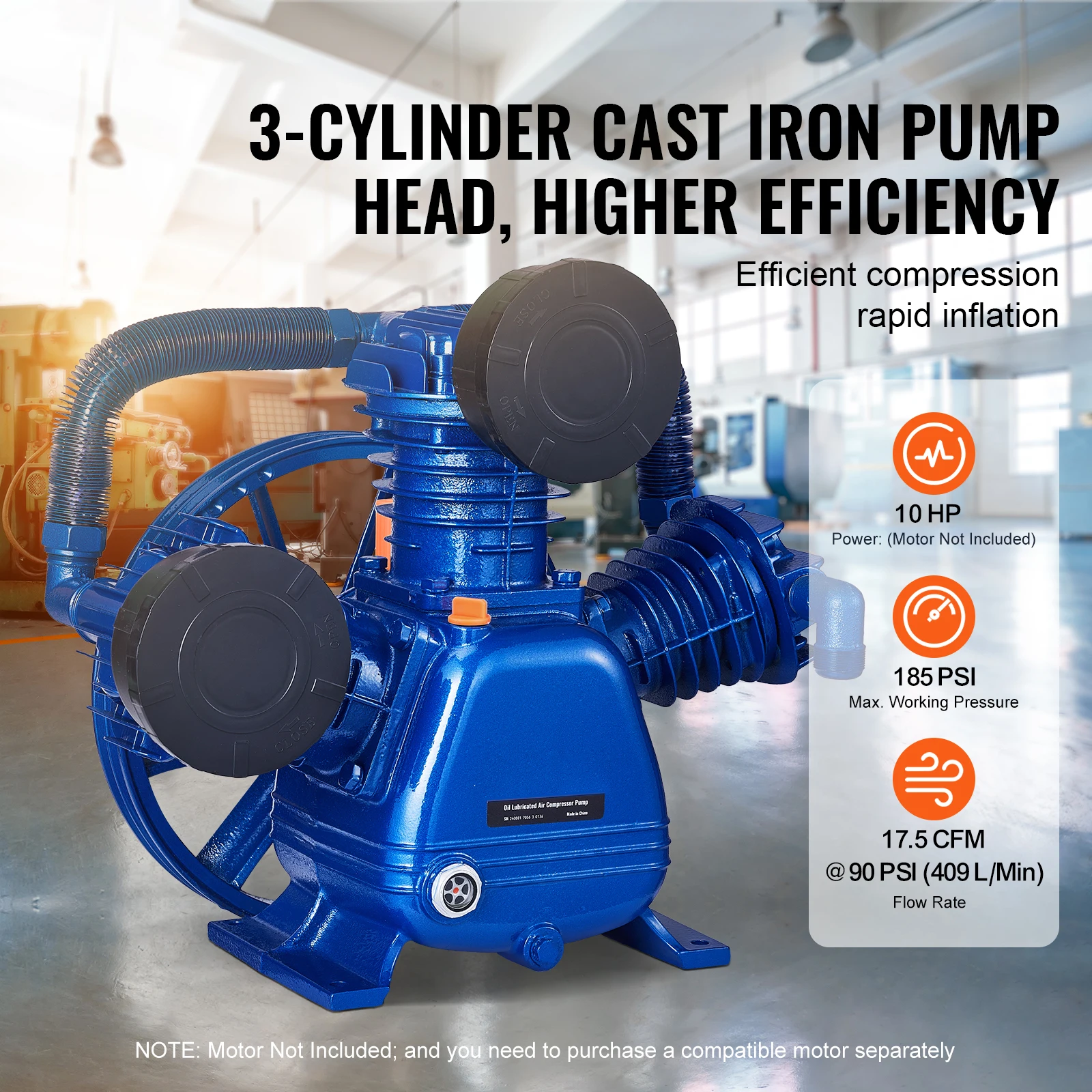 SucceBuy 10HP مضخة ضاغط الهواء رئيس 90PSI 3-اسطوانة النفط مشحم ضاغط المكبس رئيس المزدوج المرحلة الخامس-نوع ضاغط الهواء