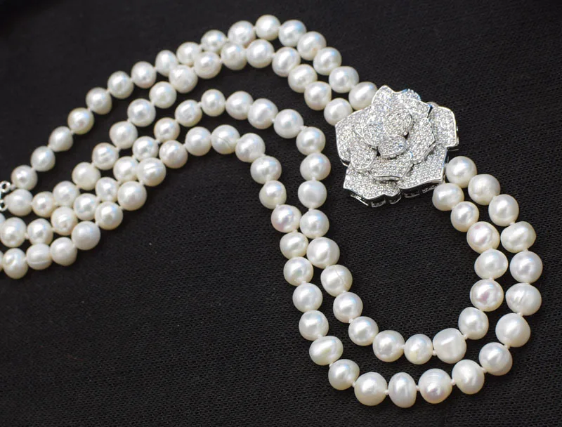 

2rows freshwater pearl white near round 8-9mm and flower pendant necklace 17-18inch wholesale beads nature