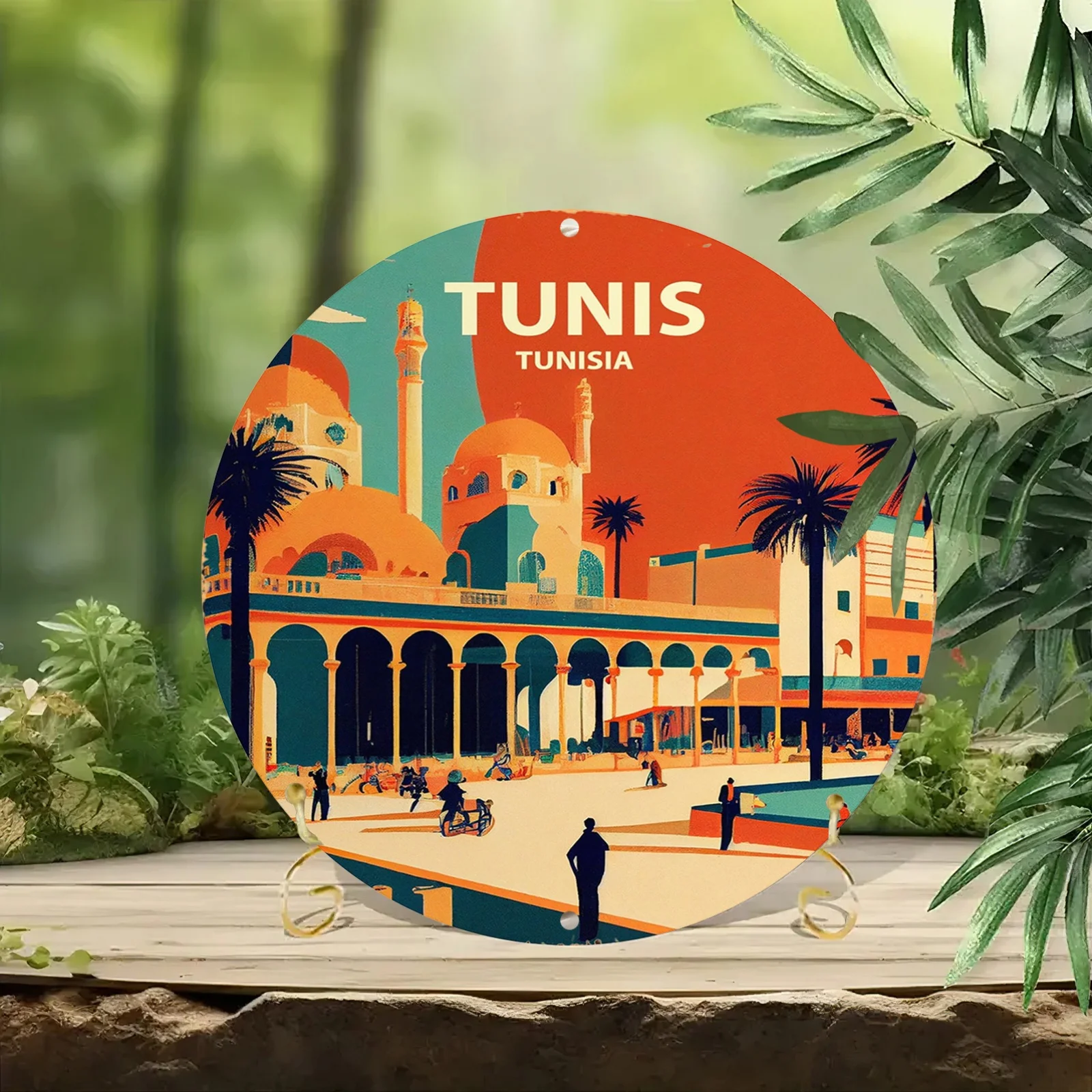 2D Flat, Funny Round Sign Tunis Tunisia Vintage Travel Poster Art- RoundMetal Wall Decor, 8x8 Inch- Pre-drilled, Printing, Weath