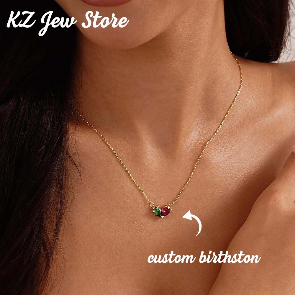 

Personalized Two Birthstone Charm Necklace Teardrop Birth Stone Stainless Steel Anniversary Jewelry Christmas Birthday Gifts
