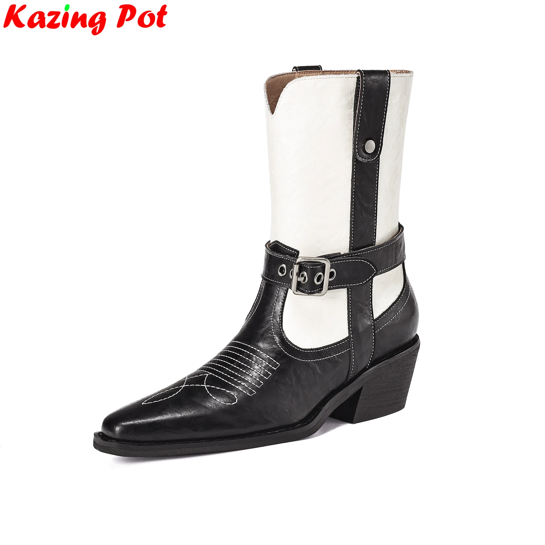 

Krazing Pot Cow Leather High Heels Vintage Western Boots Winter Warm Shoes Casual Belt Buckle Dress Sewing Women Mid-calf Boots