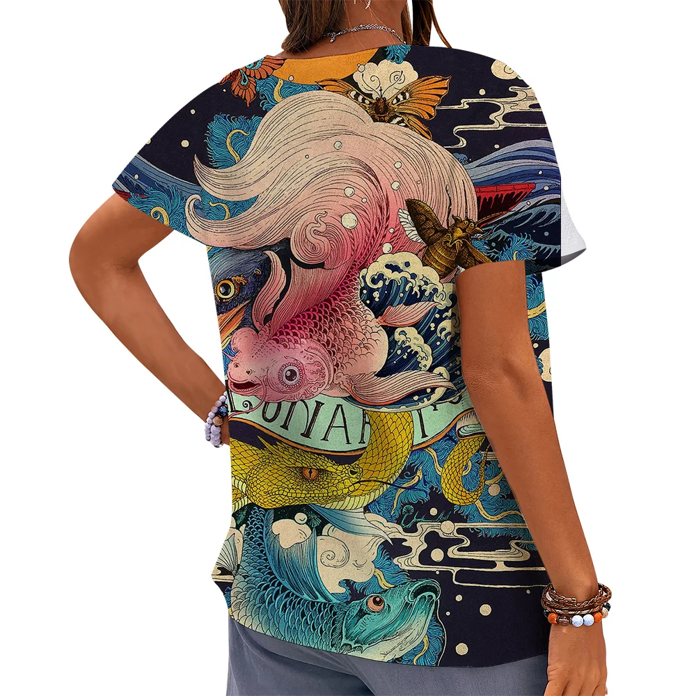 CLOOCL Ukiyo-e Women T-shirt Beautiful Big Fish Painting 3D Printed Tees Button Decorate Short Sleeve Blouse Aesthetic Tops