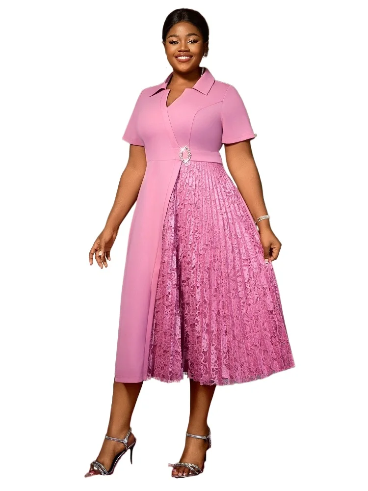 Women Plus Size Midi Dress Turn-Down Collar Short Sleeves Patchwork Lace Pleated Skirt Belt Accent Elegant Style Cocktail Party
