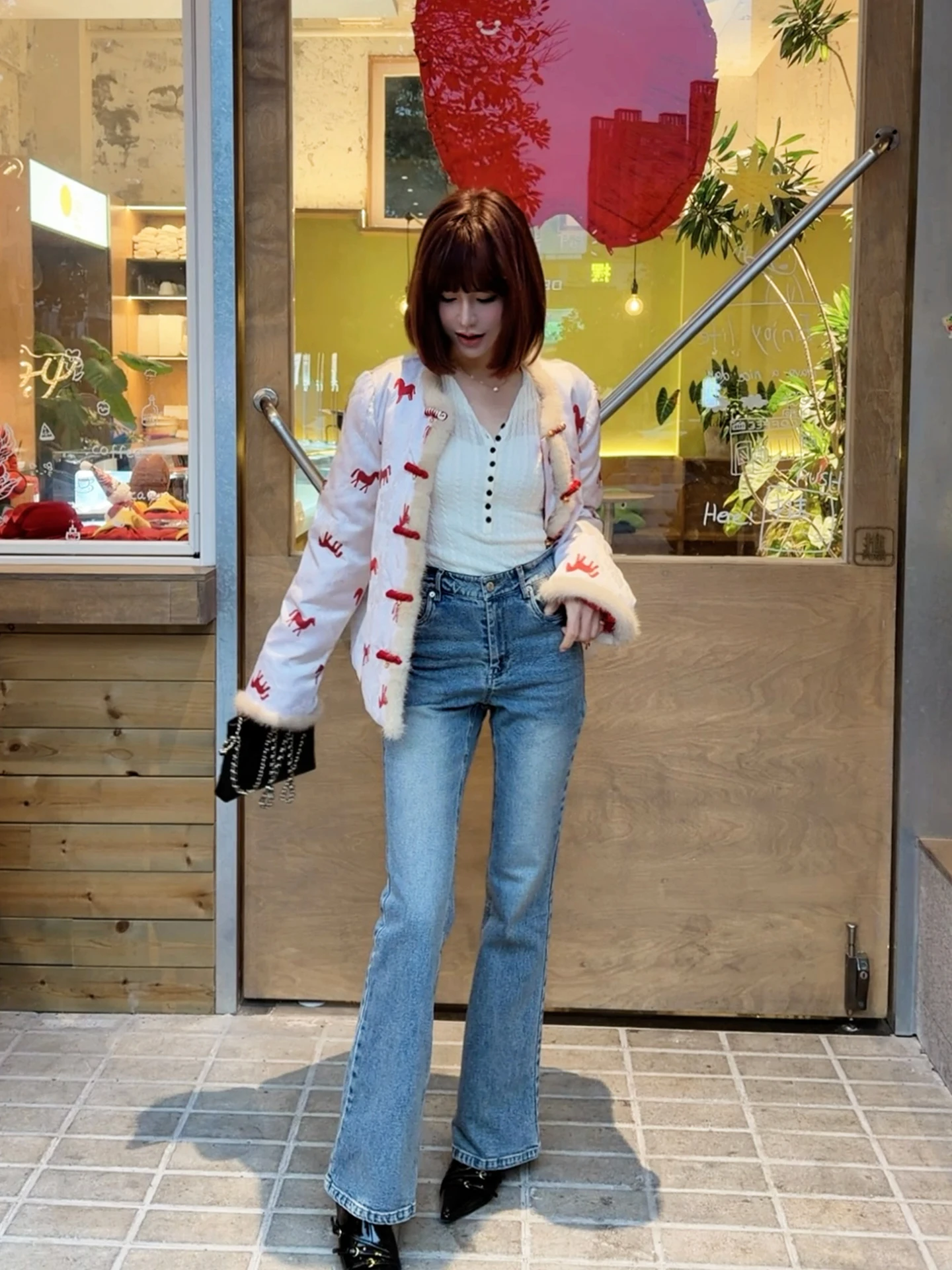 

Faionable Handmade Original C Material Retro Wear Cotton Jeans Women's Spring New Sle l Waist Bell Bot