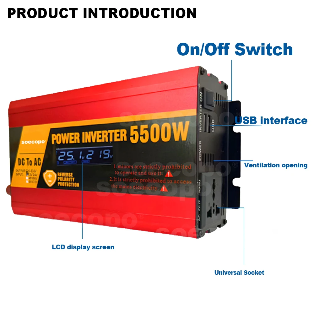 Efficient Dual Voltage Power Inverter 5500W Peak LCD Screen Real-Time Monitoring USB Ports with Multi-Voltage Compatibility