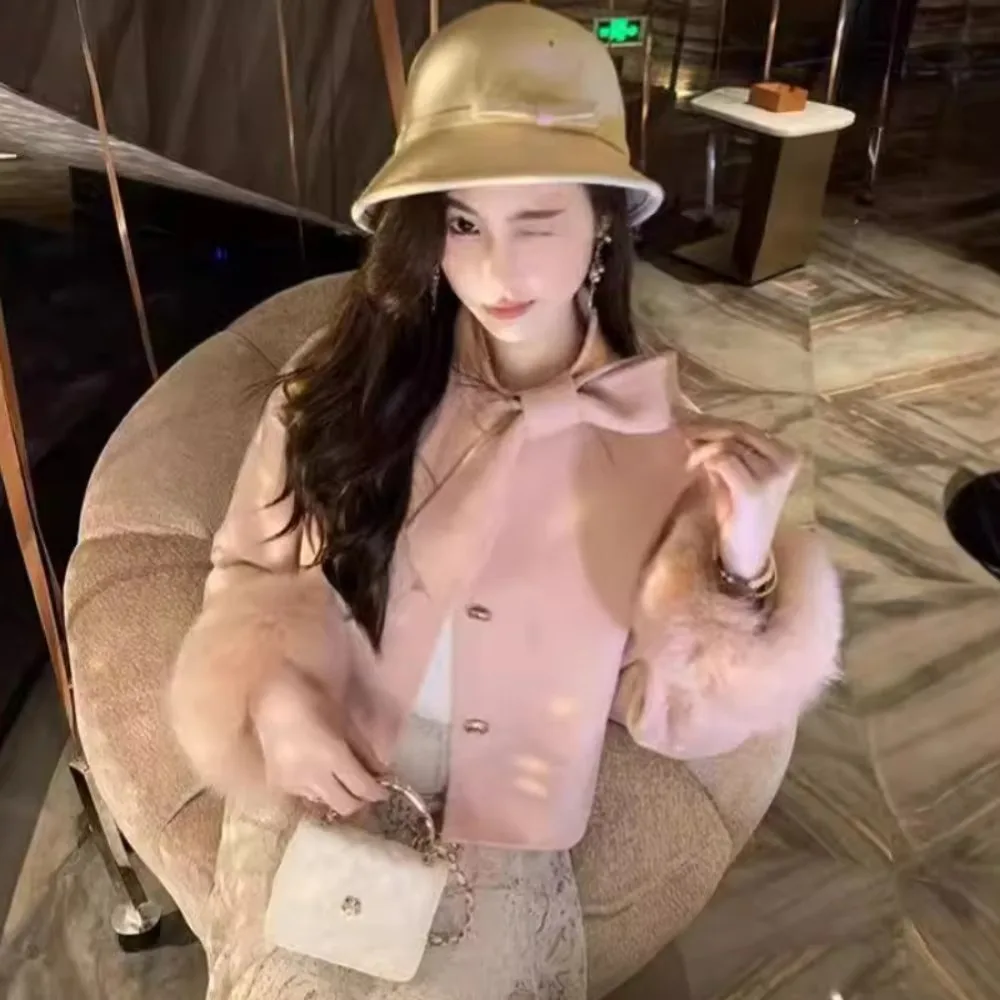 

2024 Autumn Winter New Style Woolen Real Fox Fur Coat Female Wool Jacket Lady Bow Short Fox Fur Double-sided Cashmere Coat Women